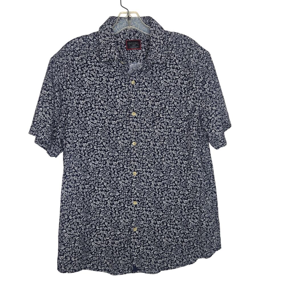 UnTuckIt Men Performance Short Sleeve Shirt Slim Fit Navy Floral Wicking Large